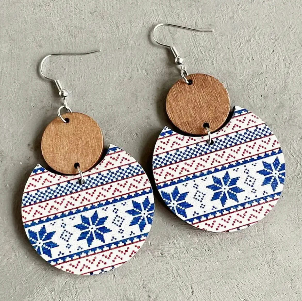 Diamond Drop Earrings-Beautiful Red and Blue Wooden Snowflake Earrings