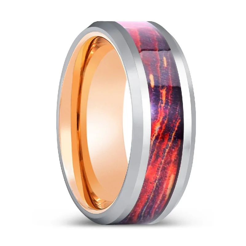 SOLARION | Rose Gold Tungsten Ring, Galaxy Wood Inlay Ring, Silver Edges