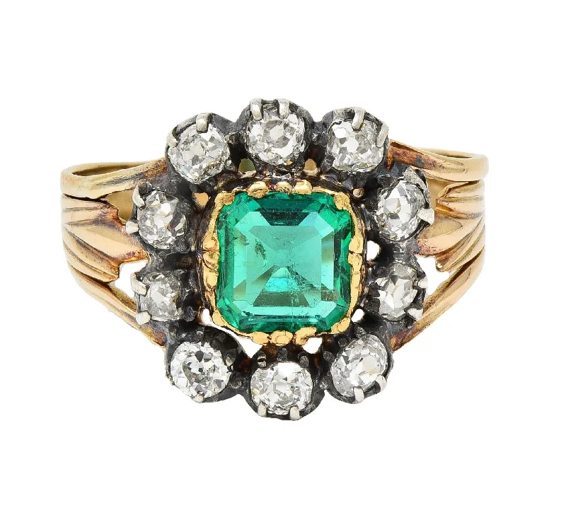 Victorian 1.87 CTW Emerald Diamond Silver 14 Karat Yellow Gold Antique Halo Ring GIA