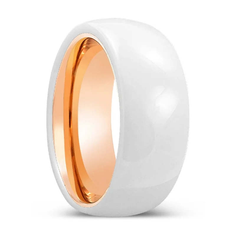 TUSK | Rose Gold Ring, White Ceramic Ring, Domed