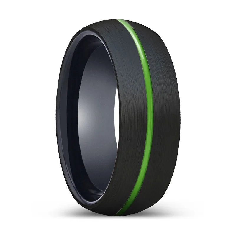 RIDWAN | Black Ring, Black Tungsten Ring, Green Groove, Domed