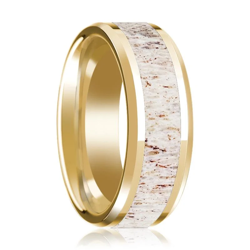 14k Yellow Gold Polished Wedding Band with White Deer Antler Inlay & Beveled Edges - 8MM