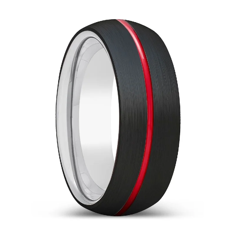 MACHO | Silver Ring, Black Tungsten Ring, Red Groove, Domed