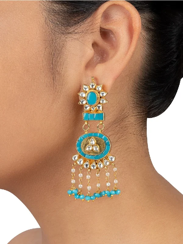 Party Drop Earrings-Firoza Color Gold Plated Jadau Kundan Earrings - ME219F