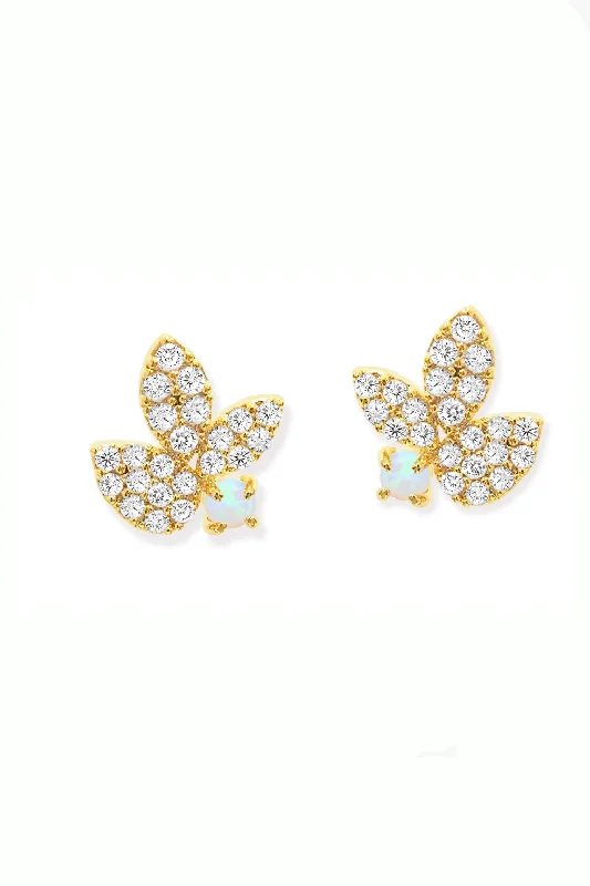 Classic Pearl Earrings-Triple Leaf CZ & Opal Stud Earrings