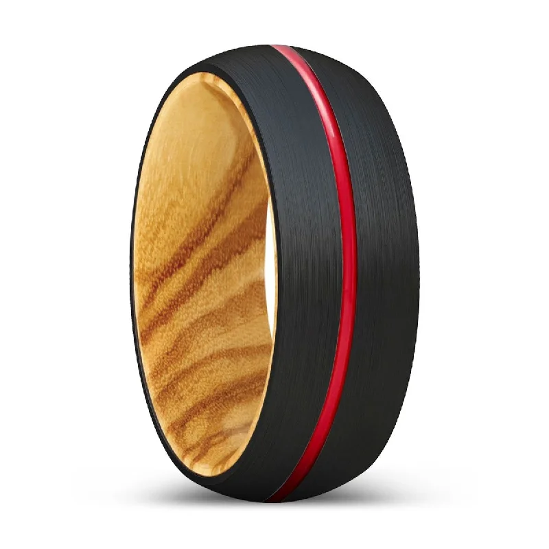 BLUSTER | Olive Wood, Black Tungsten Ring, Red Groove, Domed