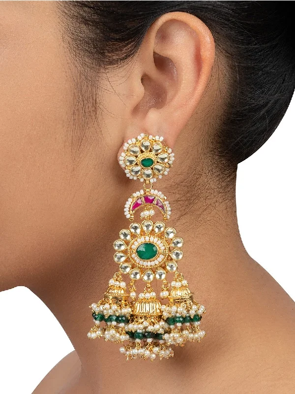 Large Dangle Earrings-Multicolor Gold Plated Jadau Kundan Earrings - ME476M