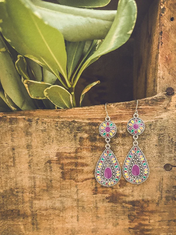 Trendy Statement Earrings-Beautiful Bohemian Purple and Silver Earrings