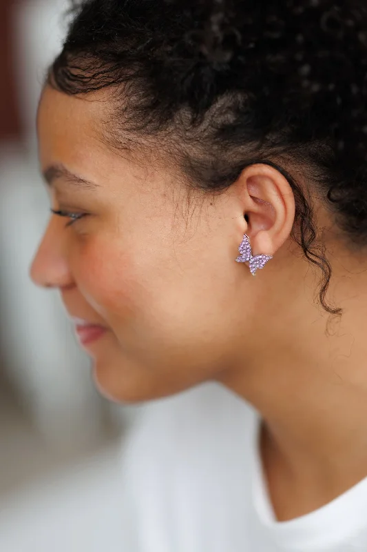 Shiny Hoop Earrings-Beautiful Purple Butterfly Earrings