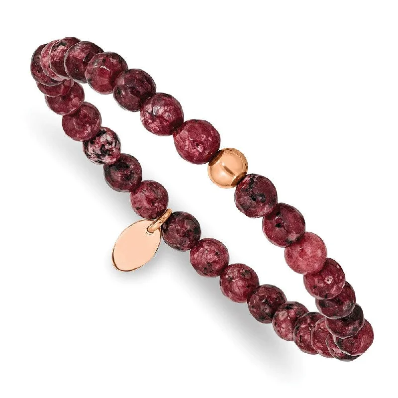 Gold Heart Bracelet-Stainless Steel Polished Rose IP-plated Red Jade Stretch Bracelet