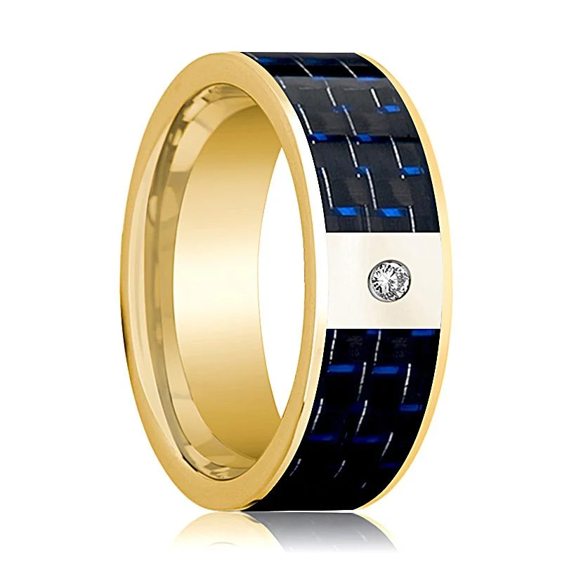 Men's 14k Yellow Gold & Diamond Wedding Band with Blue and Black Carbon Fiber Inlay Flat Polished Design - 8MM