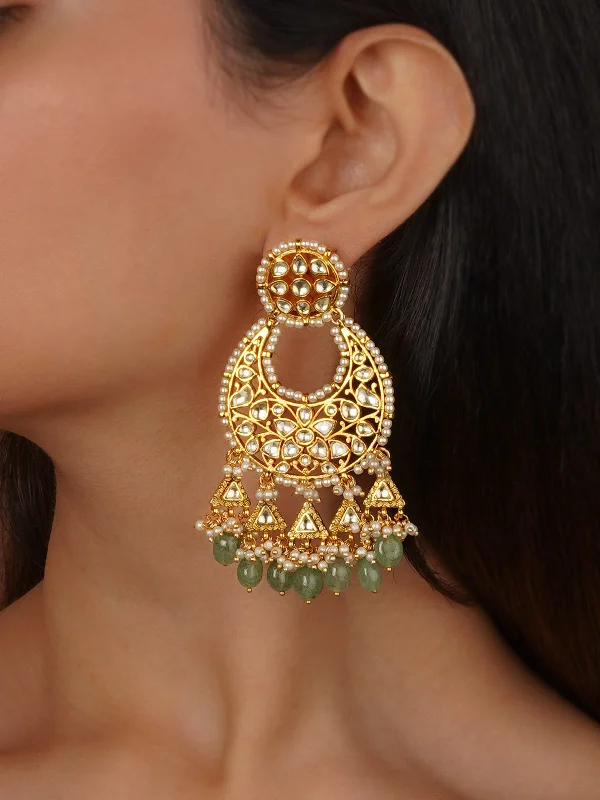 Long Silver Earrings-Green Color Gold Plated Jadau Kundan Earrings - ME1295Y