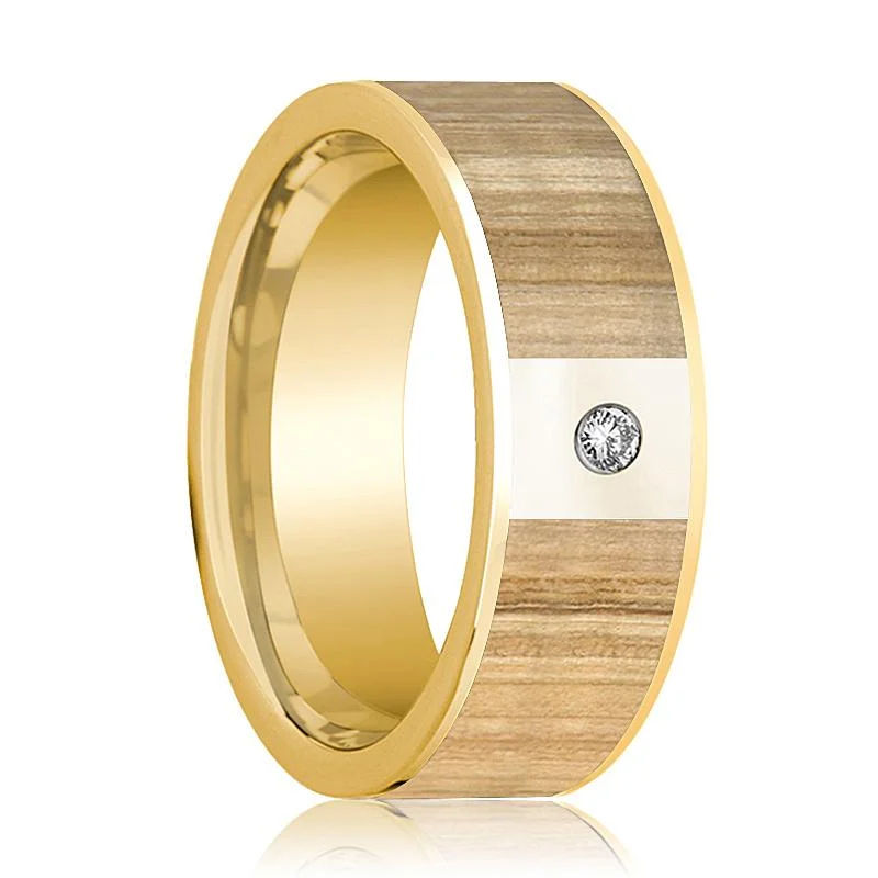 Men's 14k Yellow Gold Wedding Band with Ash Wood Inlay and Diamond - 8MM