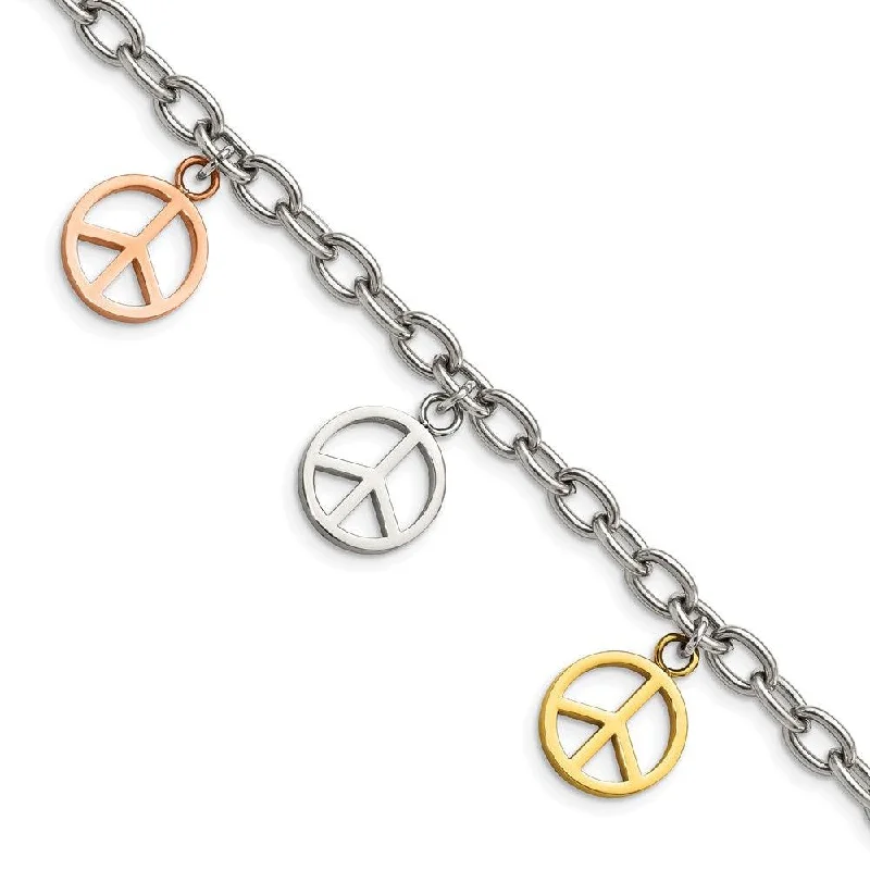 Women’s Crystal Cuff Bracelet-Stainless Steel Multicolor Plated Peace Sign Charms 8.5in Bracelet