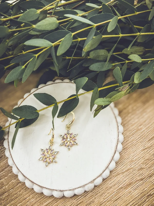 Geometric Hoop Earrings-Beautiful Gold and Crystal Snowflake Earrings