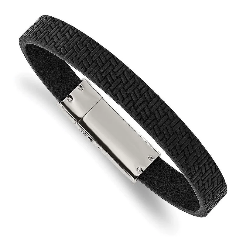 Statement Bracelet-Stainless Steel Polished Textured Black Leather 8.5in Bracelet