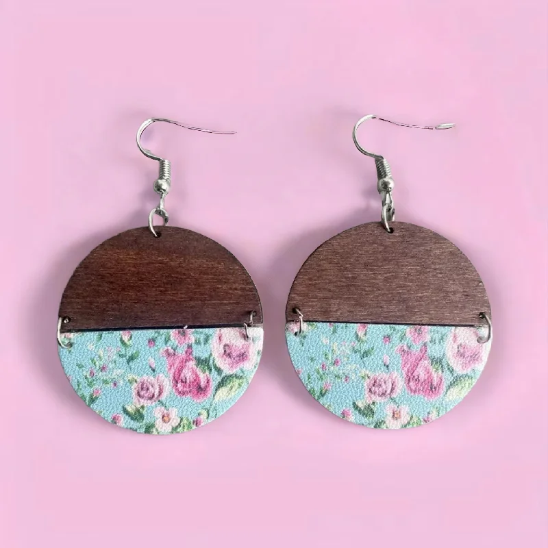 Small Drop Earrings-Beautiful Wood Floral Circle Earrings