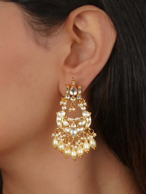 Dangling Gold Earrings-White Color Gold Plated Jadau Kundan Earrings - ME1307