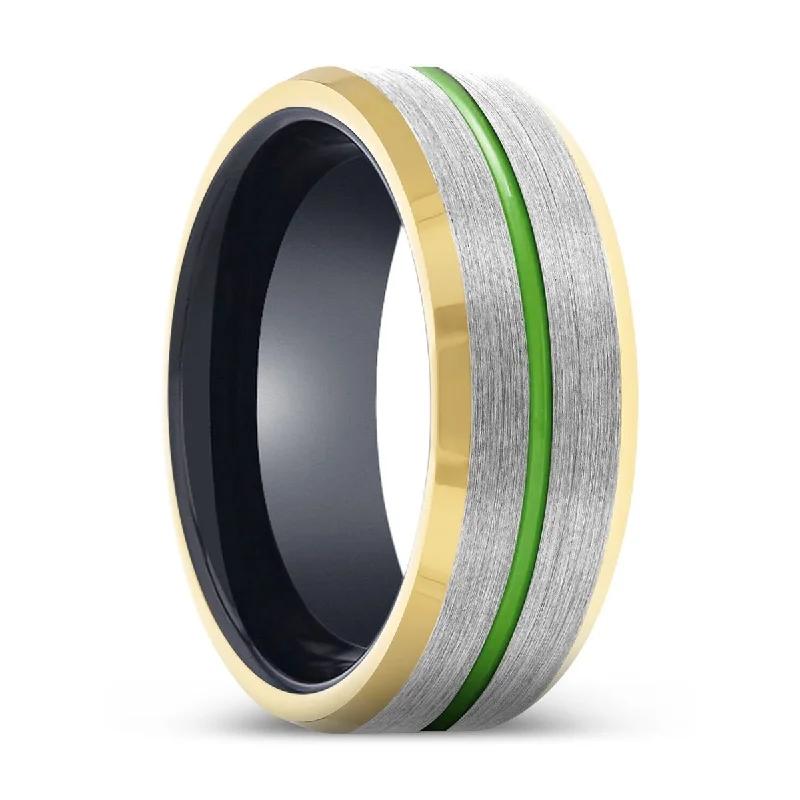 SKYMAGE | Black Ring, Silver Tungsten Ring, Green Groove, Gold Beveled Edge