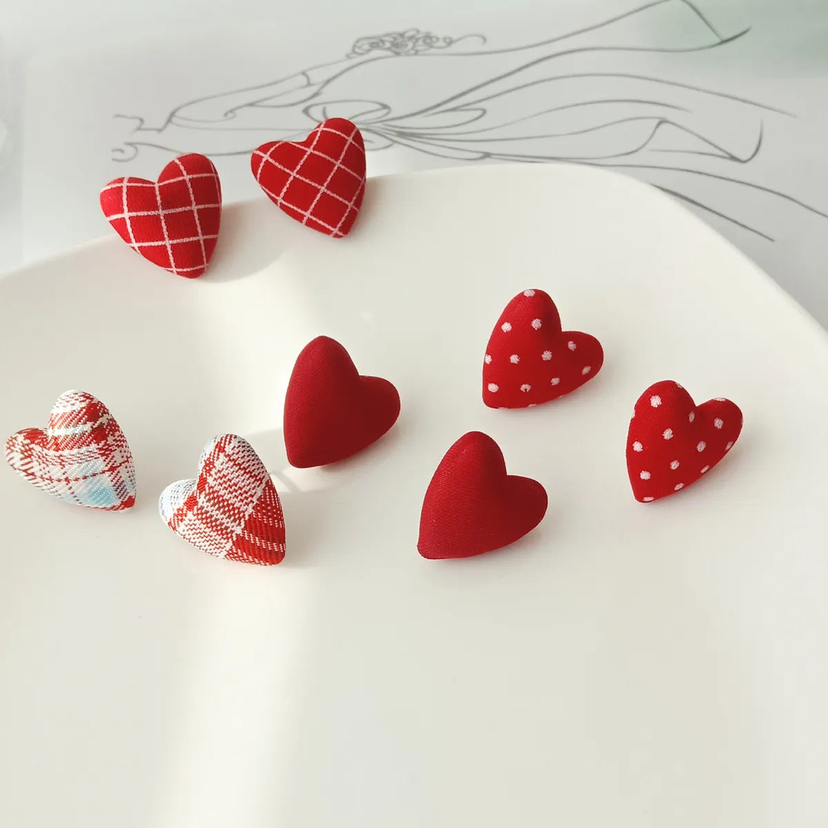 1 Pair Sweet Plaid Polka Dots Heart Shape Cloth Resin Ear Studs