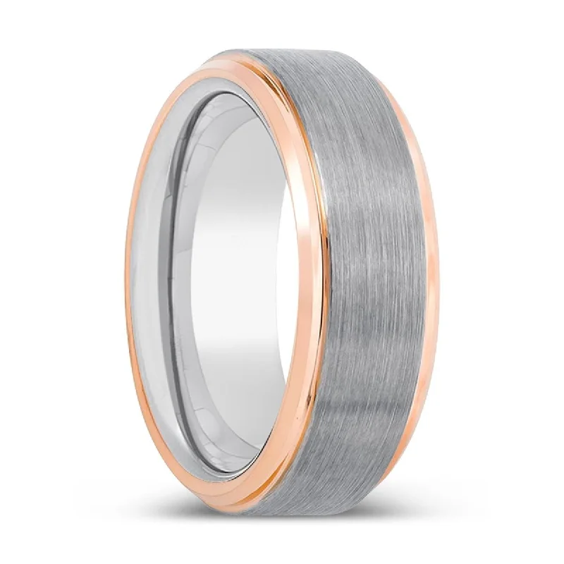 CHARISMA | Silver Ring, Silver Tungsten Ring, Brushed, Rose Gold Stepped Edge