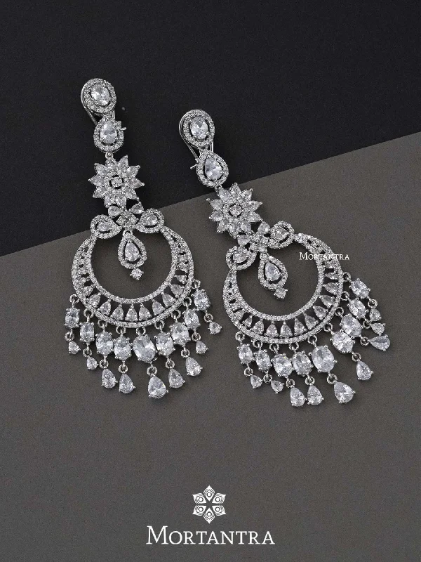 Handmade Boho Earrings-White Color Silver Plated Faux Diamond Earrings - CZEAR427