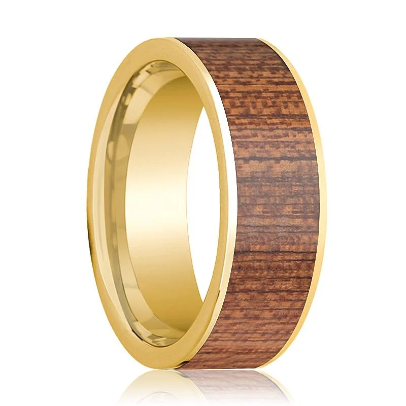 Cherry Wood Inlaid Flat 14k Gold Wedding Band for Men Polished Finish - 8MM