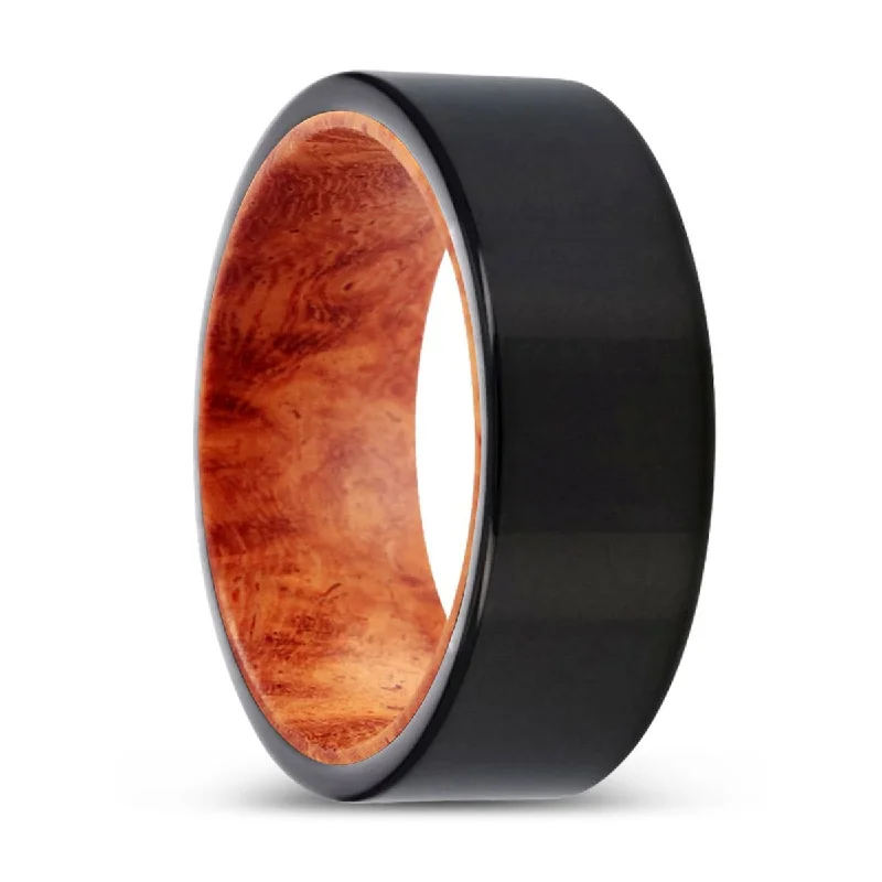 HAWKES | Red Burl Wood, Black Tungsten Ring, Shiny, Flat