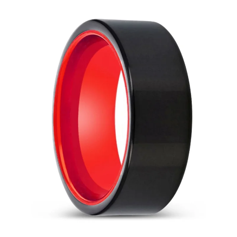 SOLORIS | Red Ring, Black Tungsten Ring, Shiny, Flat