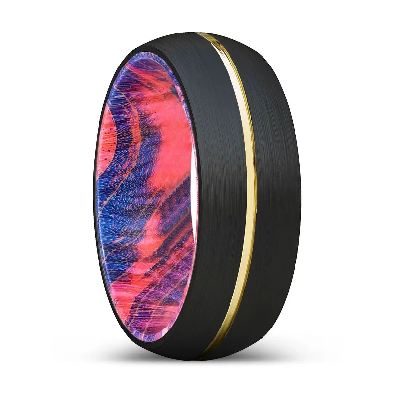 BLUEGHOST | Blue & Red Wood, Black Tungsten Ring, Gold Groove, Domed