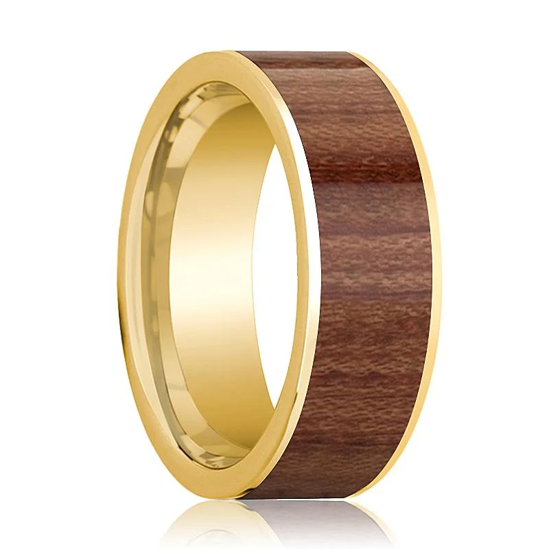 Polished 14k Yellow Gold Flat Wedding Band for Men with Rose Wood Inlay - 8MM