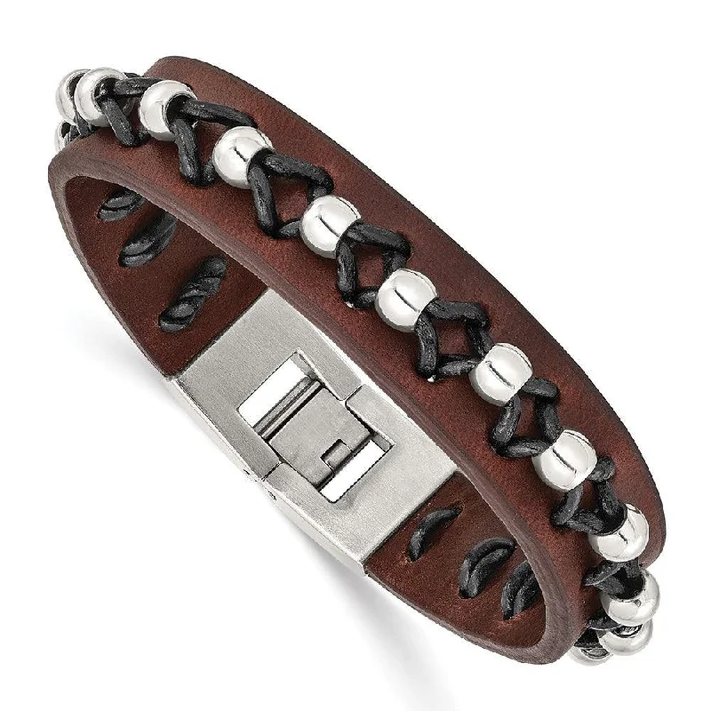 Colorful Chain Bracelet-Stainless Steel Brown Leather with Polished Beads Bracelet