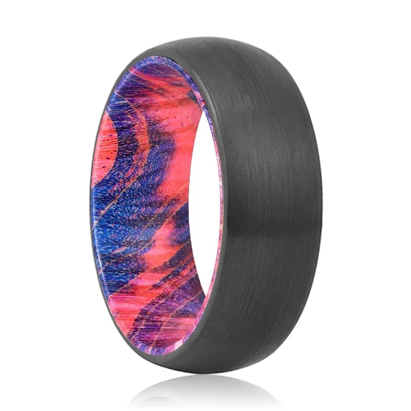 FORCE | Blue & Red Wood, Black Tungsten Ring, Brushed, Domed