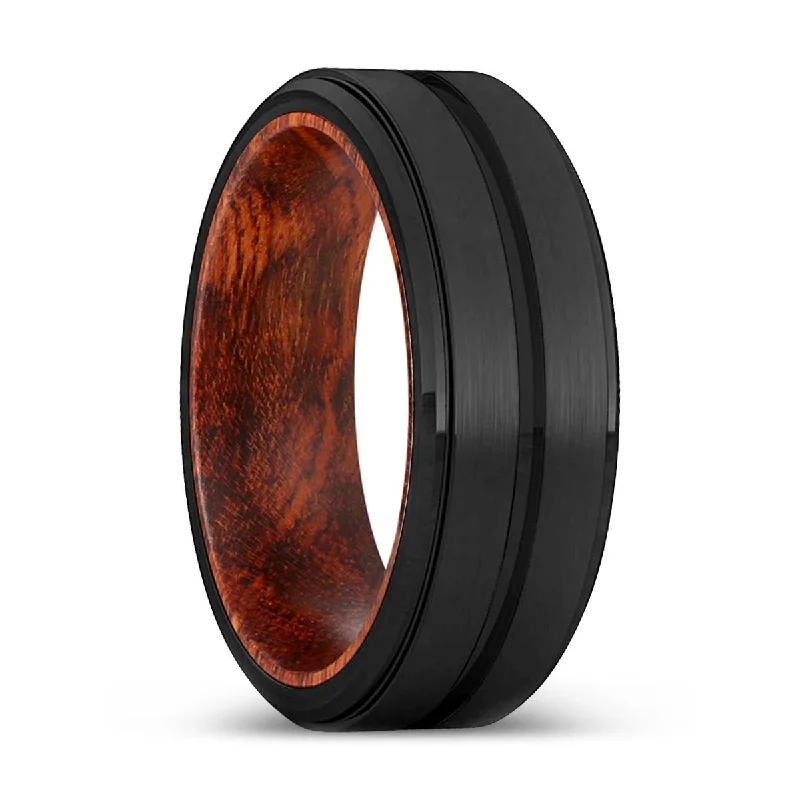 ASHTON | Snake Wood, Black Tungsten Ring, Grooved, Stepped Edge