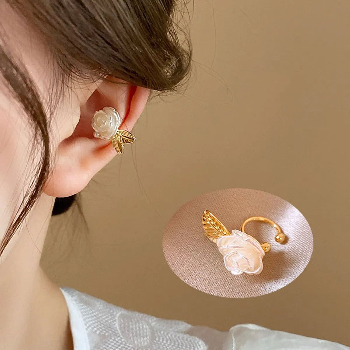 16#(Left Ear) Real Gold Plated Pearl Flower Leaves