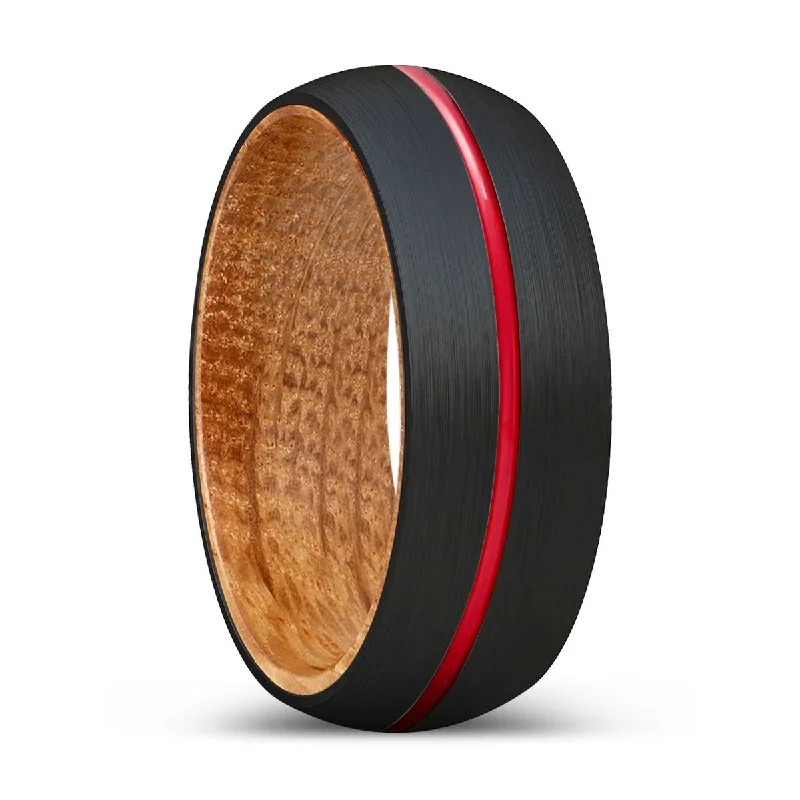 DARTH | Whiskey Barrel Wood, Black Tungsten Ring, Red Groove, Domed