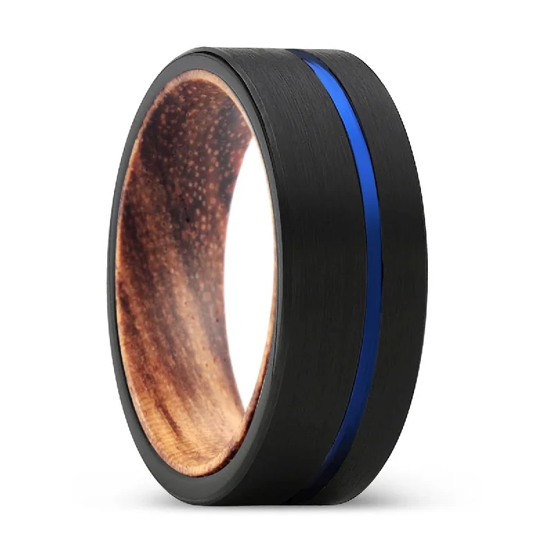 ALVARO | Zebra Wood Ring, Black Tungsten Ring, Blue Offset Groove, Flat