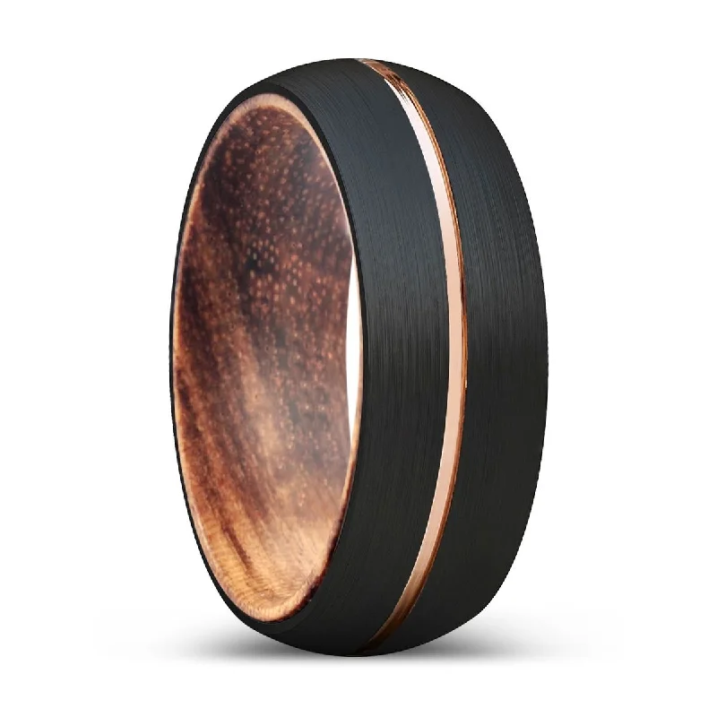 AXES | Zebra Wood, Black Tungsten Ring, Rose Gold Groove, Domed