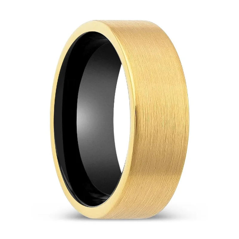 WAVEMEET | Black Ring, Gold Tungsten Ring, Brushed, Flat