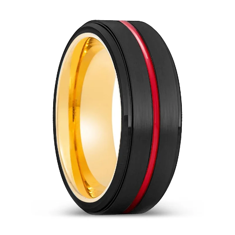 SPEED | Gold Ring, Black Tungsten Ring, Red Groove, Stepped Edge