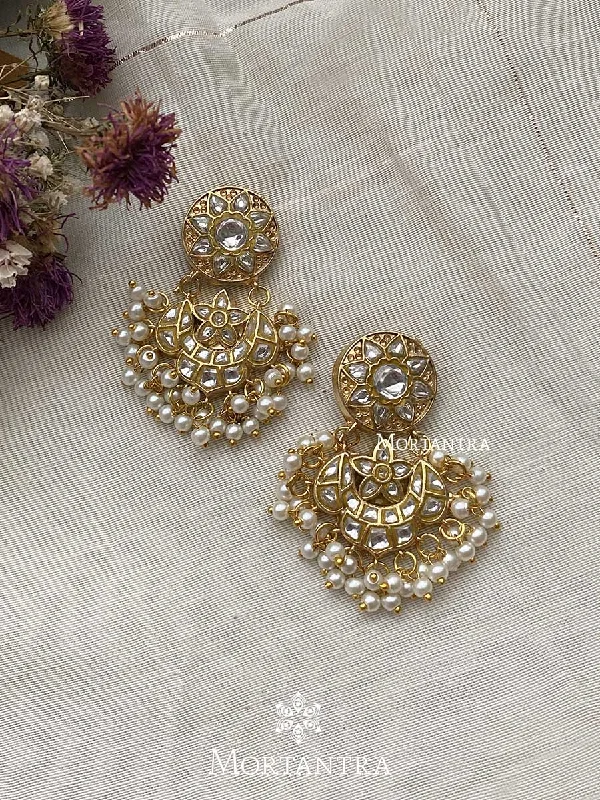 Gemstone Earrings-White Color Gold Plated Thappa Jadau Kundan Earrings - TJ-E36