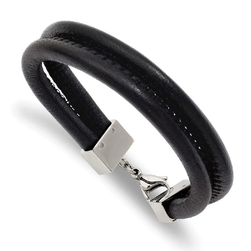 Boho Silver Bracelet-Stainless Steel Black Leather Double Row 8.5in Bracelet