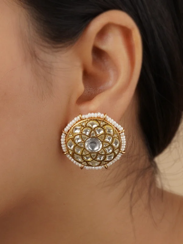 Small Hoop Earrings-White Color Gold Plated Thappa Jadau Kundan Earrings - TJ-E17