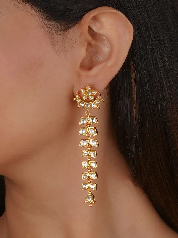 Large Gold Earrings-White Color Gold Plated Thappa Jadau Kundan Earrings - TJ-E123