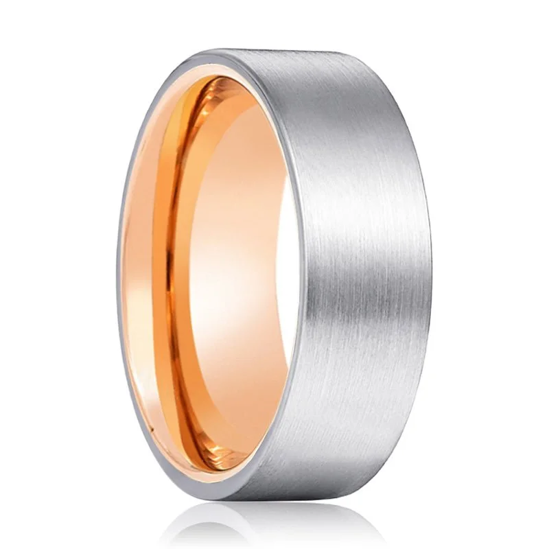 NORSK | Rose Gold Ring, Silver Tungsten Ring, Brushed, Flat