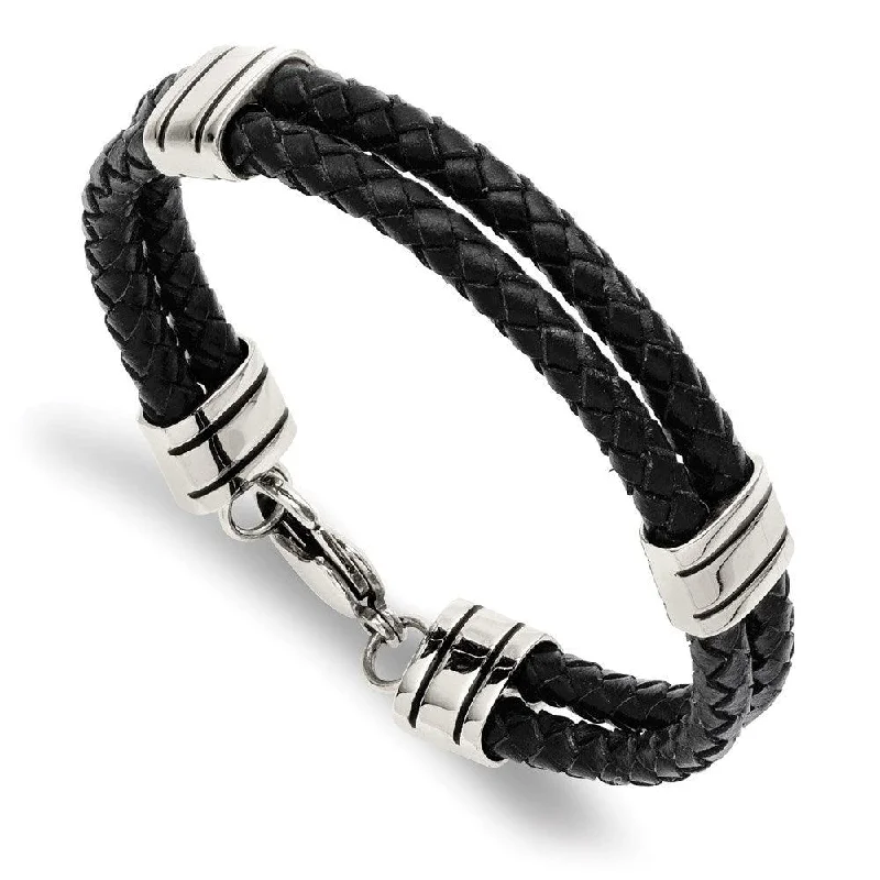 Retro Gold Bracelet-Stainless Steel Black Leather 9in Bracelet