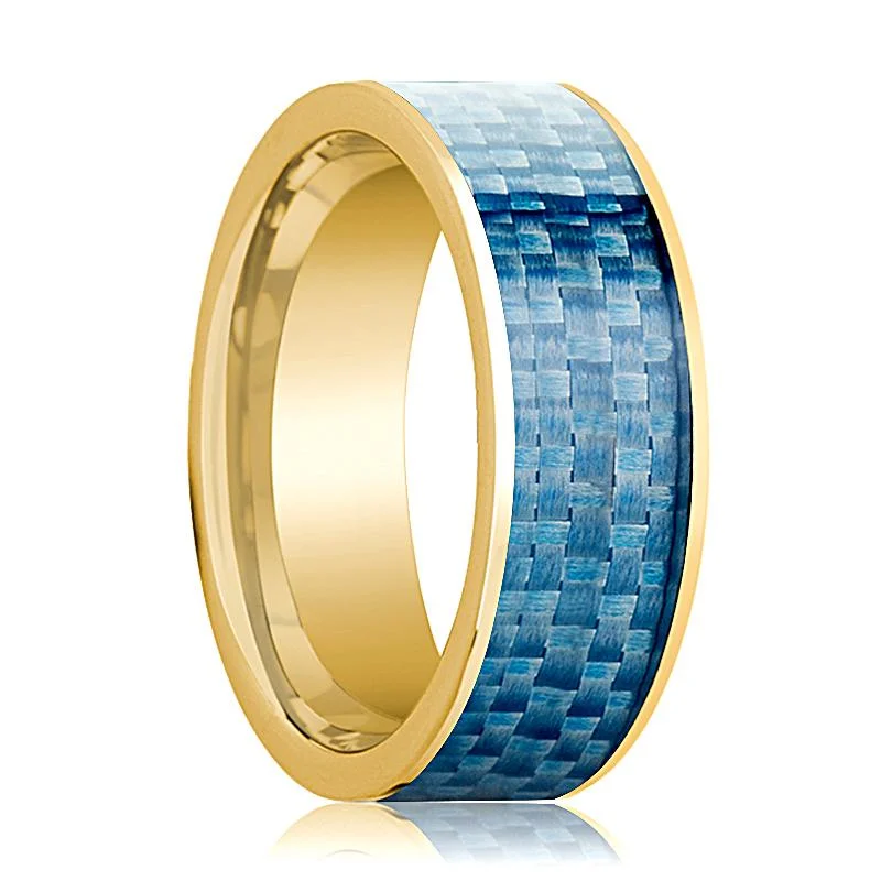 Men's 14k Yellow Gold Wedding Band with Blue Carbon Fiber Inlay Flat Polished Design - 8MM