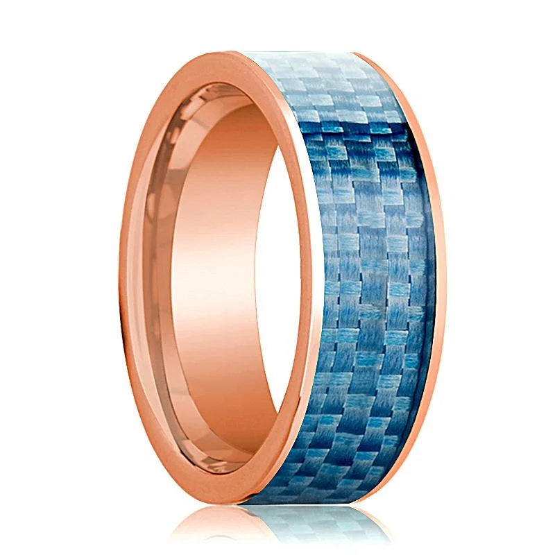 Blue Carbon Fiber Inlaid Flat Polished 14k Rose Gold Wedding Ring for Men - 8MM