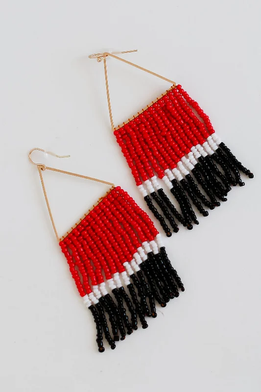 Long Chain Earrings-Red + Black Beaded Fringe Earrings