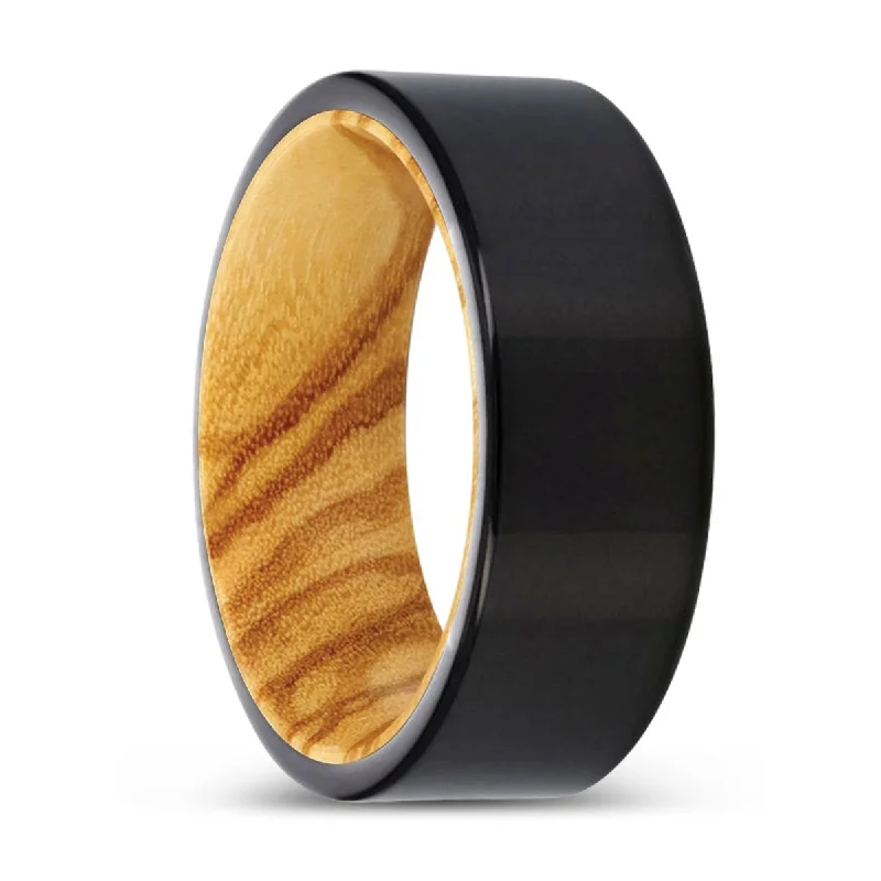 MINKS | Olive Wood, Black Tungsten Ring, Shiny, Flat